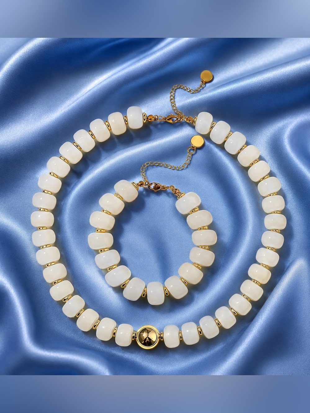 Astrid Ivory Chunky Beaded Necklace & Bracelet Set | Gold Tone Statement Jewelry